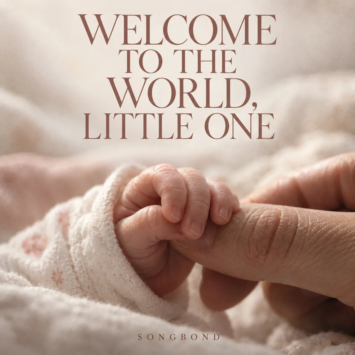 Music cover for Welcome to the World, Little One: a newborn's small hand holds an adult finger against cream bedding with the complete four-line title above.