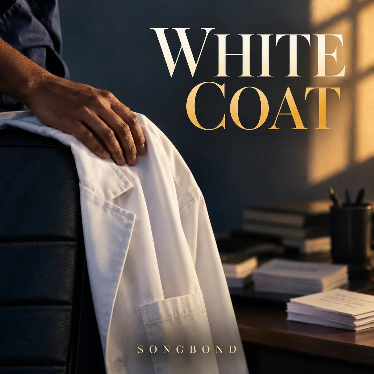 Music cover for White Coat: an adult hand rests on a white coat draped over a dark chair beside softly blurred study cards, beneath the full cream-and-gold title.