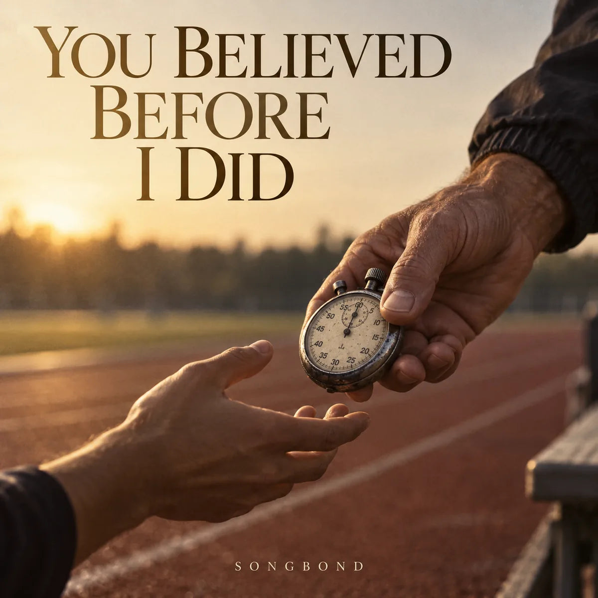 Music cover for You Believed Before I Did: an older adult hand passes a worn stopwatch toward another adult hand beside a running track in soft gold light, with the complete title above.