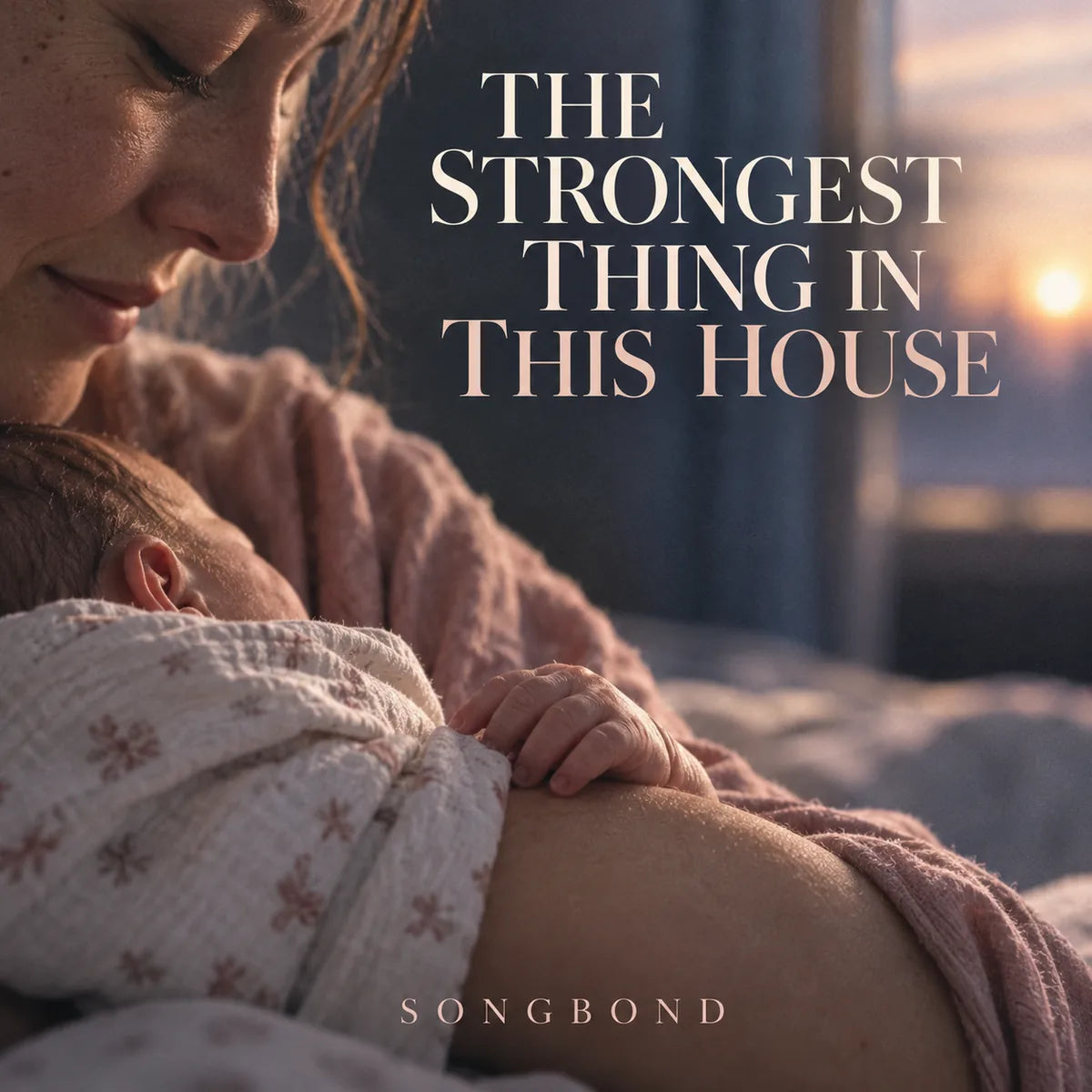 Music cover for The Strongest Thing in This House: a mother holds a resting newborn whose small hand touches her forearm in soft dawn light beneath the complete title.