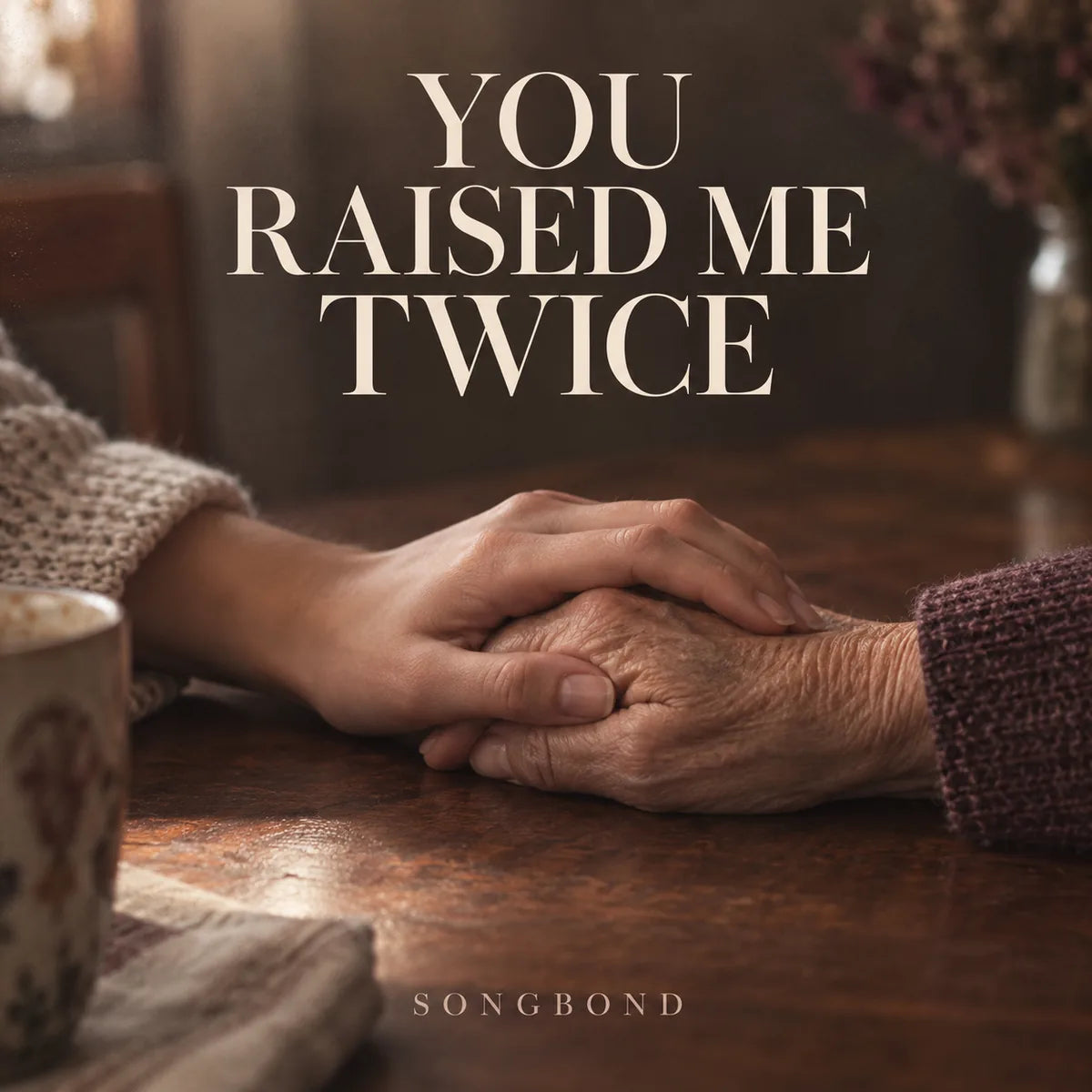 Music cover for You Raised Me Twice: a younger adult hand rests over an older mother's hand on a warm wooden home table with the full cream title above.