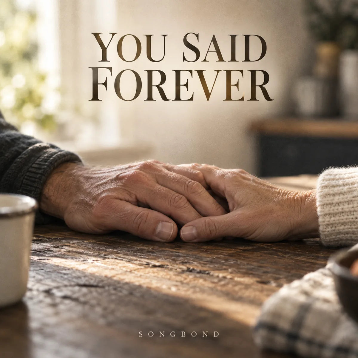 Music single cover for You Said Forever by Songbond, with two mature hands resting together on a worn kitchen table beneath a large serif title.