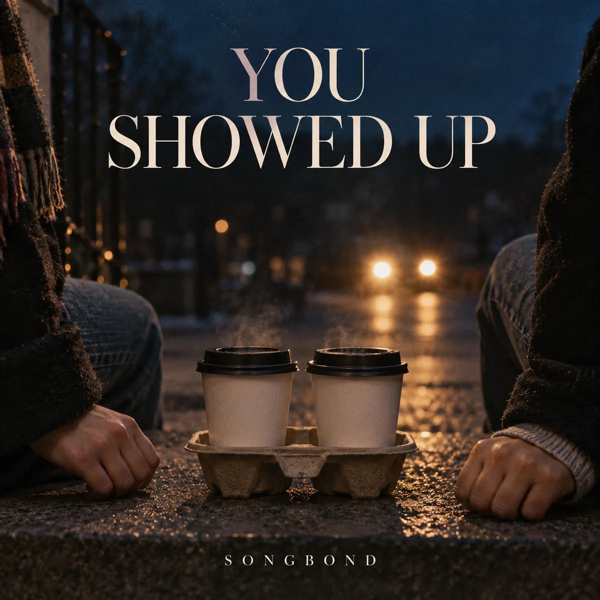 Music cover for You Showed Up: two plain takeaway coffees in a paper tray sit between two friends' hands on a doorstep with soft headlights behind and the full title above.