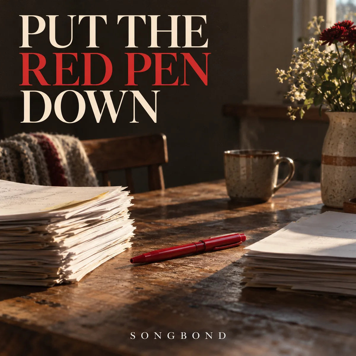 Music cover for Put the Red Pen Down: a red pen rests between two stacks of papers on a worn kitchen table beneath the full cream-and-red title.