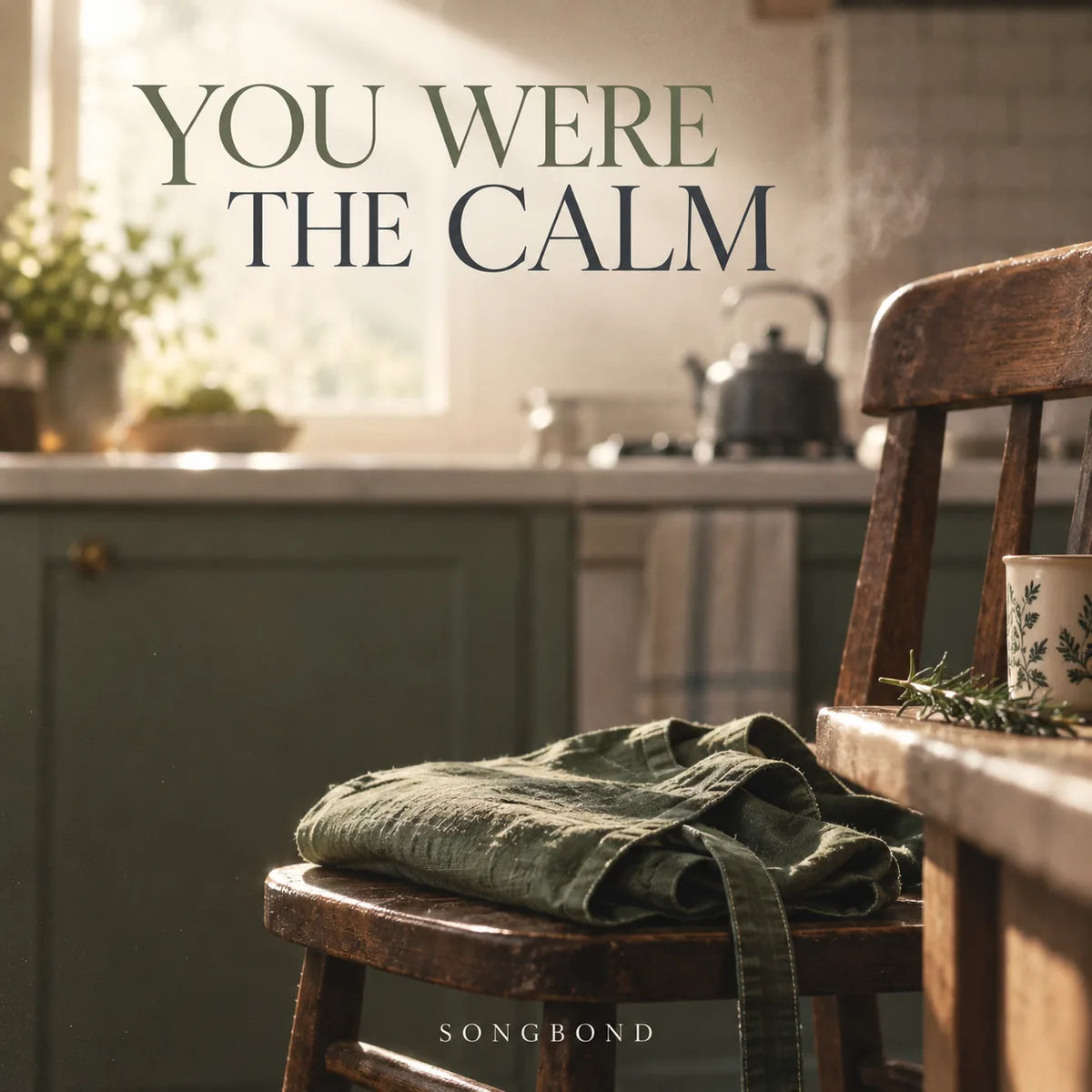 Music cover for You Were the Calm: a folded green apron rests on an empty kitchen chair with a softly steaming kettle behind beneath the dark serif title.