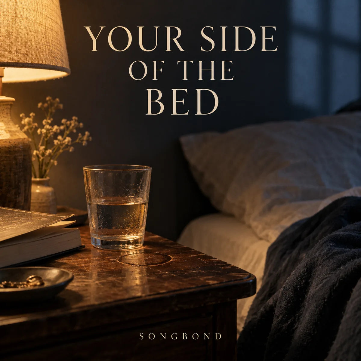 Music cover for Your Side of the Bed: a half-filled water glass, book edge and warm lamp sit beside a softly blurred bed with the full cream title above.