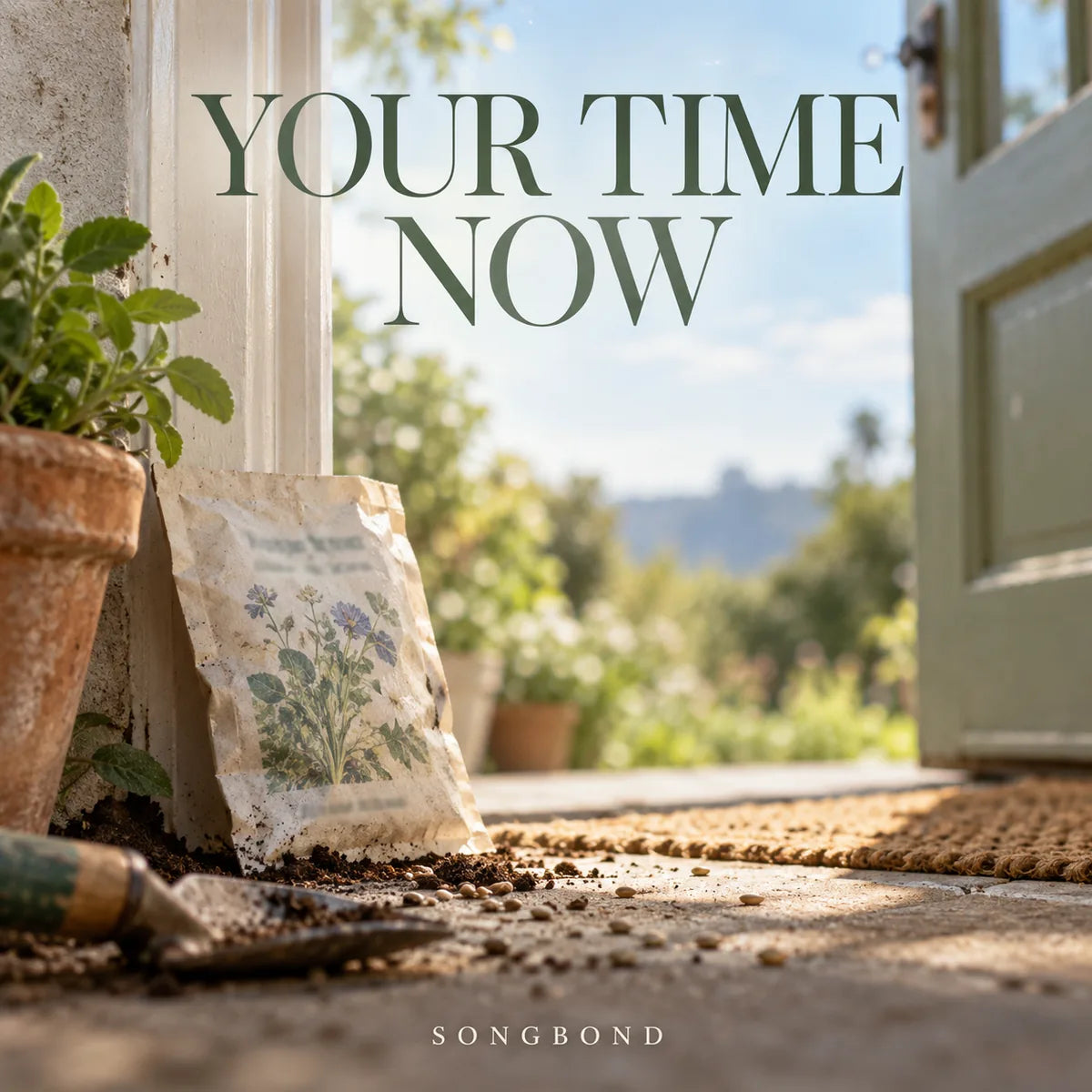 Music cover for Your Time Now: a seed packet and garden soil sit by an open back door in fresh morning light under the full dark green title.