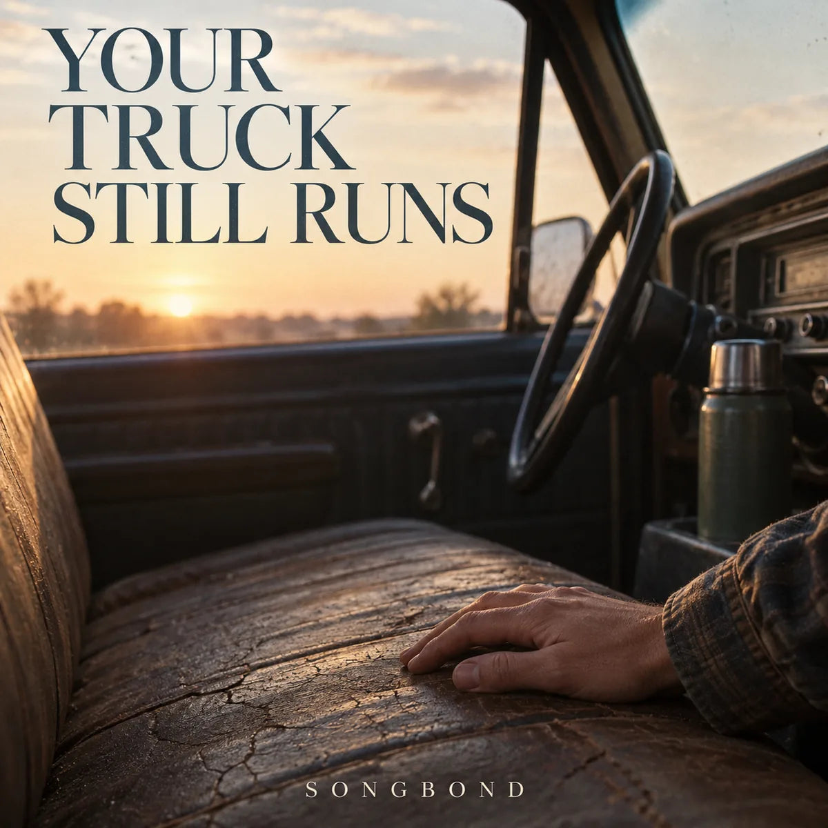 Music cover for Your Truck Still Runs: an adult hand rests on an old truck's cracked bench seat beside a plain thermos in dawn light beneath the complete title.