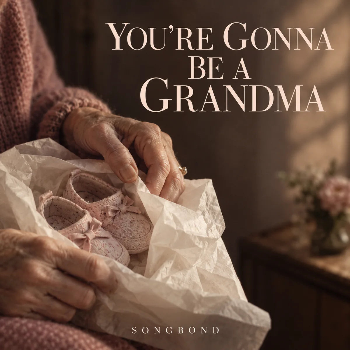 Music cover for You're Gonna Be A Grandma: an older woman's hands reveal small baby shoes from cream tissue in warm home light beneath the full serif title.