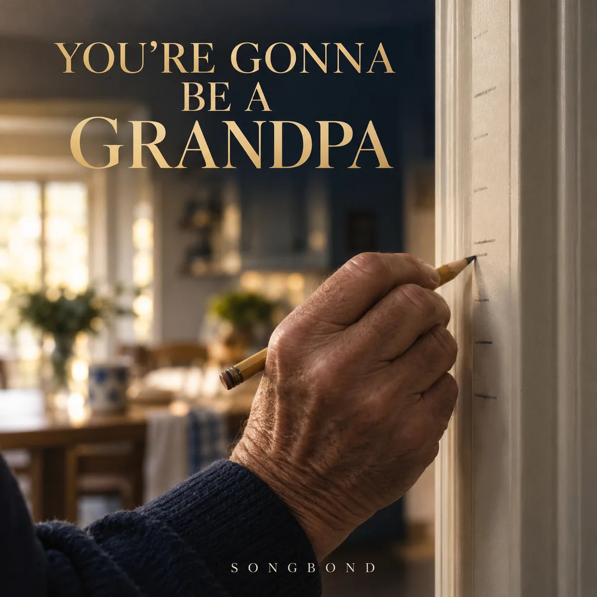Music cover for You're Gonna Be A Grandpa: an older man's hand marks a kitchen doorframe with a pencil in warm light beneath the full gold title.
